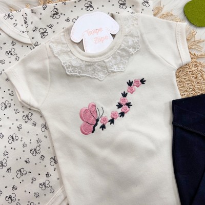 Conj. de Malha 3 peças - Borboletas com Ramo de Flores - Off White e Preto